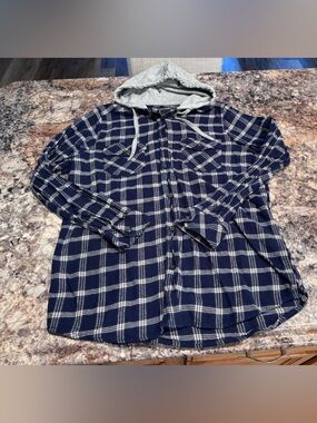 Plaid Navy Button-Down Hooded Shirt